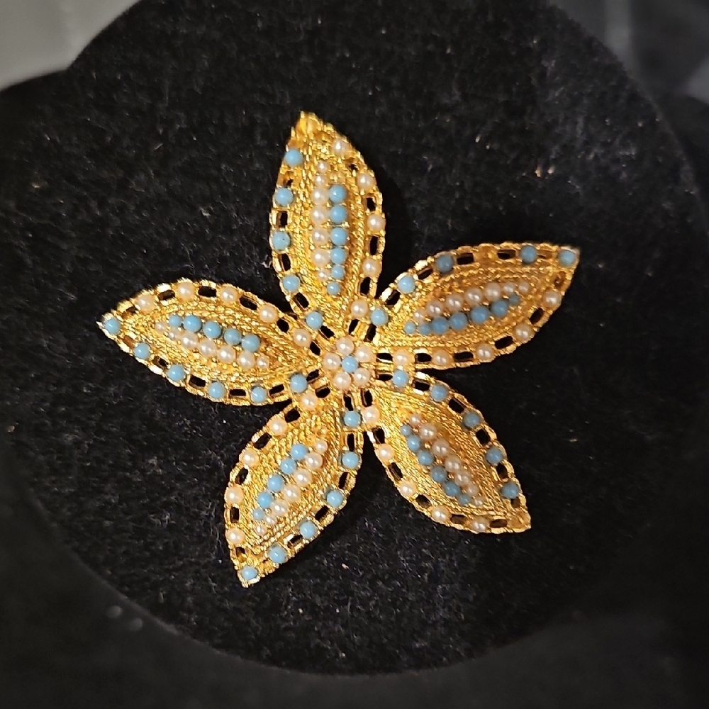 Elegant Gold and Blue Floral Brooch